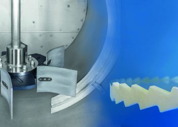 Impeller with a metallic support disc and solid ceramic blades (left), solid ceramic dissolver disc (right). Picture: Ekato