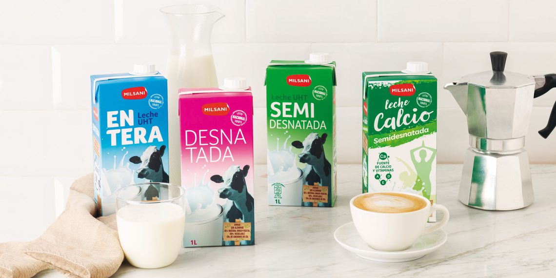 In Spain, Aldi – a discounters in Europe – has chosen the combibloc EcoPlus 1.000ml aseptic carton pack from SIG as a sustainable packaging solution for its Milsani long life milk range, reducing CO2 by up to 28% compared to using a conventional 1-litre SIG carton pack of the same format. (Picture: Aldi)