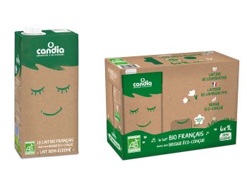 SIG’s Signature Pack 100 – the world’s only aluminium-free aseptic carton pack with polymers linked to plant-based renewable material – is being launched in France for the first time by Candia, part of the leading French dairy cooperative Sodiaal. It is the first aluminium-free carton pack on the French ambient liquid dairy market. (Picture: SIG)