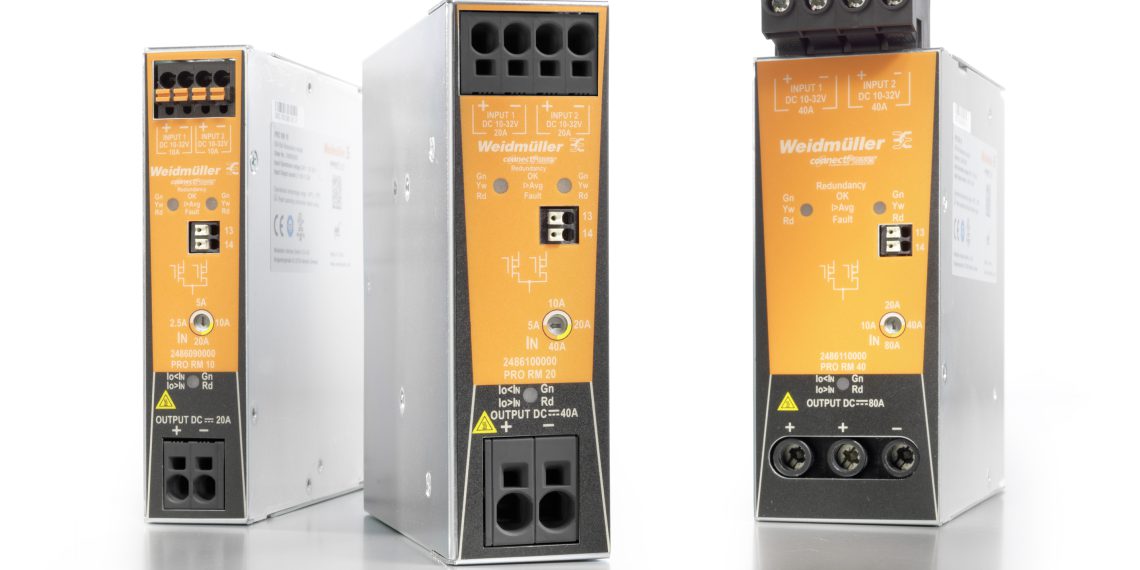 Weidmüller PRO RM redundancy modules for decoupling the outputs of parallel switched-mode power supplies: redundant power supply for the highest equipment availability.