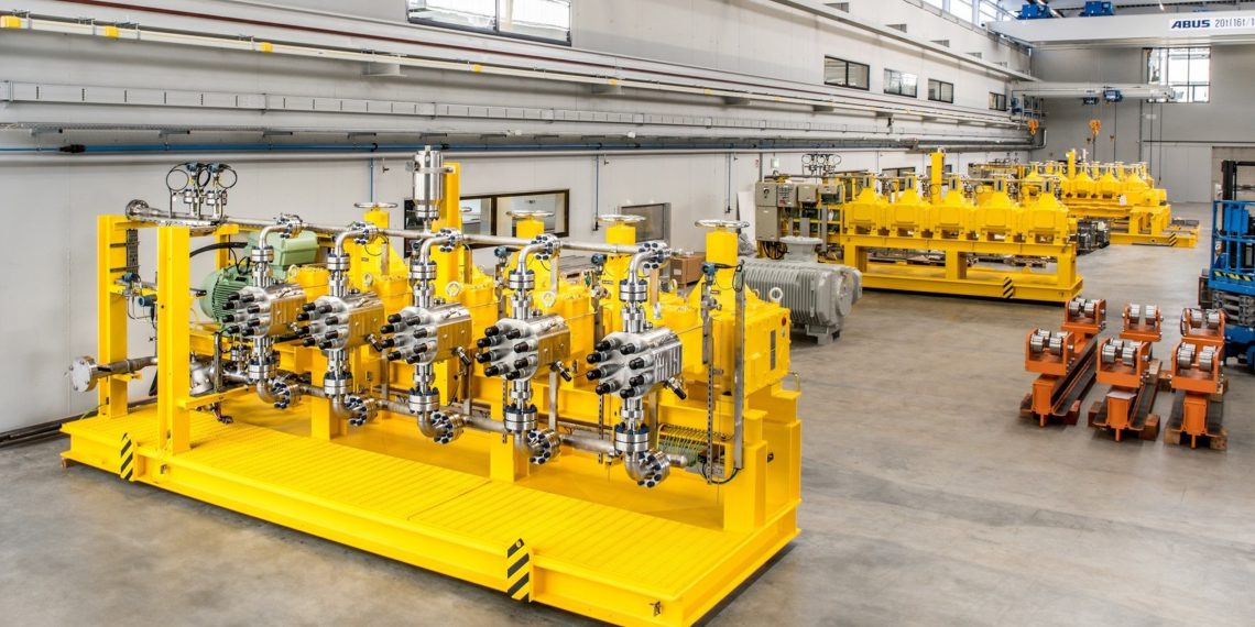 The process diaphragm pumps will inject mono ethylene glycol (MEG) into the pumping process, preventing the build-up of methane hydrates at critical process points and effectively countering bore hole icing. Picture: Lewa